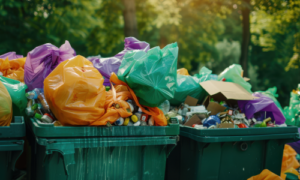 Waste overflowing from wheelie bins that have no assistance from bin compactors.